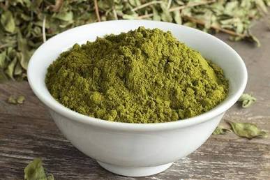 Green henna mehndi powder with fresh leaves — heritage herbal beauty products in Rajasthan